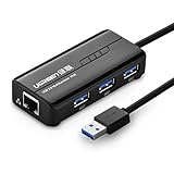 UGREEN USB-Hub Ethernet Adapter 3 Ports USB 3.0 Hub mit einem RJ45 Gigabit Ethernet 100 Mbps Netzwerk-Port, EIN Anschluss DC 5 V, Schwarz