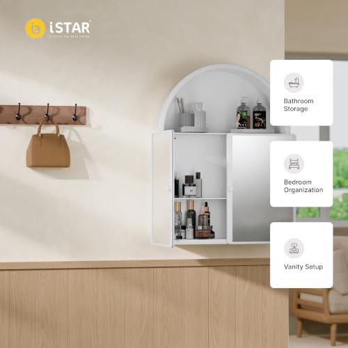 Image of iSTAR Wall Mounted Storage Mirror Cabinet, Bathroom Wall Mirror with Storage Shelf Mirror with Hidden Cabinet Organizer | Modern Wall Mounted for Bathroom, Bedroom, Washbasin (White)