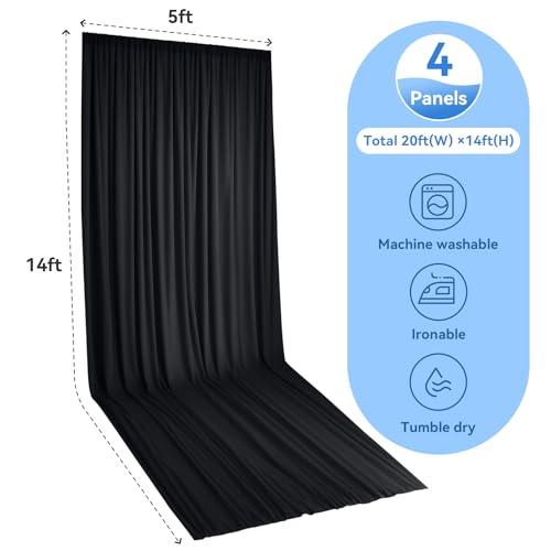 Image of 20ft x 14ft Black Backdrop Curtain for Parties, Wrinkle Free Polyester 4 Panels 5x14ft Photo Backdrop Drapes Back Drop Cloth for Wedding Birthday Party Baby Shower Photography Background