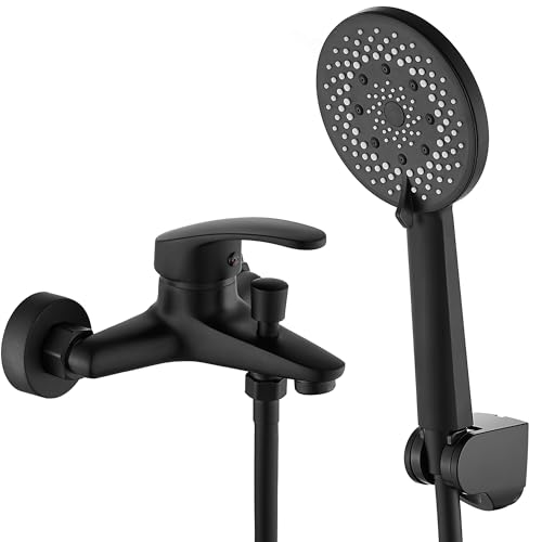 GERUIKE Grifo Bañera y Ducha Monomando con Alcachofa, Manguera y Soporte - Grifo de Bañera con Caño, 150cm Cable Ducha PVC, Cabezal Ducha con 5 Funciones - Negro Mate