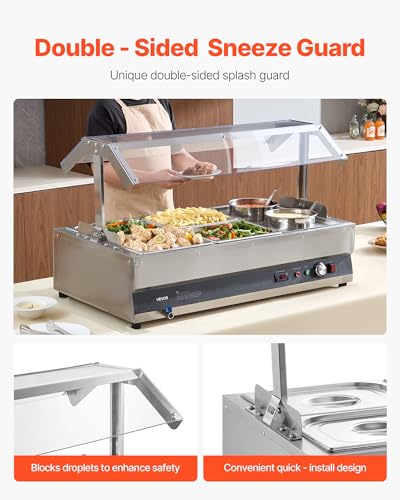 Image of VEVOR Electric Soup Warmer, Two 6.34QT Pots & Four 1 /2 Pans, Stainless Steel Commercial Food Warmer with 86~185F Adjustable Temp, 1500W Bain Marie with Cover, Soup Station for Restaurant, Buffet