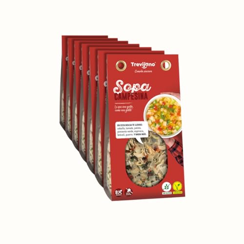Sopa Campesina Trevijano: 7 bolsas de 100g cada una. Cada bolsa contiene 8 raciones de sopa mezcla de patata, cebolla, tomate, pimiento verde, espinaca, brócoli y puerro.