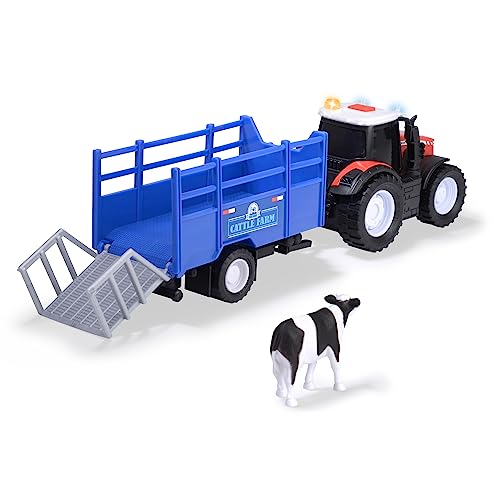 Dickie Toys - Massey Ferguson Spielzeug-Traktor mit Tieranhänger & Kuh - Spielzeugauto für den Bauernhof mit Licht & Sound (inkl. Batterien), für Kinder ab 3 Jahre, 26 cm