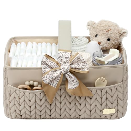 Image of LUKJOJO Luxurious Baby Diaper Caddy, Nursery Storage Basket for Newborn Essentials, Travel Baby Basket for Diapers Baby Wipes, Organizer Tote Bag Storage Bin, Baby Shower Gifts(Beige)