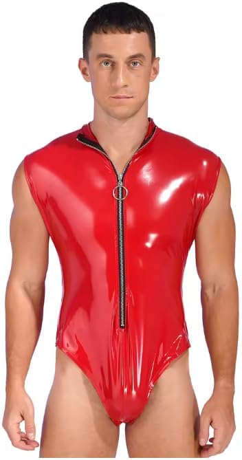 Mens Zipper Sleeveless Bodysuit Clubwear Rave Outfit Stand Collar Leotard Patent Leather Catsuit Costume for Pole Dancing