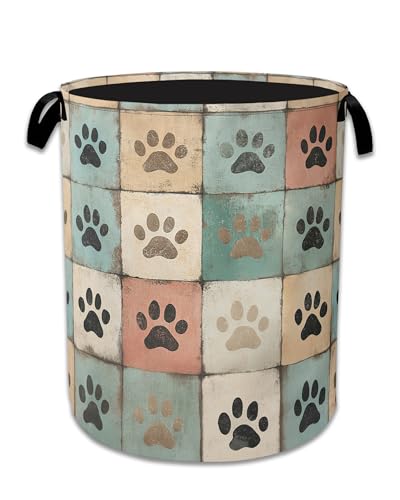 Image of Cute Paw Print Laundry Basket,Foldable Oxford Cloth Vintage Laundry Hamper With Handle, 20.8 inchx16 inch Portable Clothes Storage Basket Bag for Laundry Room /Bathroom /Bedroom /Dormitories