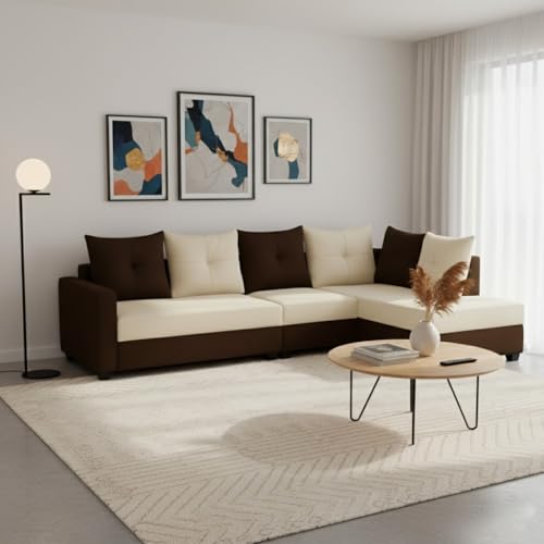 Image of SOCOZI Oriana 6 Seater RHS L Shape Sofa Set | Soft Velvet Suede Fabric | Modern Design | Plush Comfort Cushions for Living Room (Dark Brown-Cream)