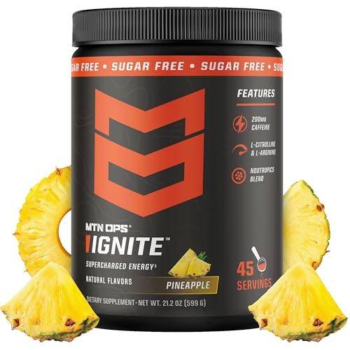 MTN OPS Ignite Sugar Free Energy Drink Powder with 200mg Caffeine Nootropic Blend for Energy Focus & Endurance L Arginine & L Citrulline Pre Workout 45 Servings Pineapple