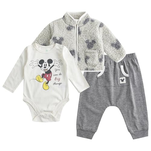 Disney Mickey Mouse Baby Boys Long Sleeve Bodysuit with Zip Up Jacket and Pants 3 Piece Set