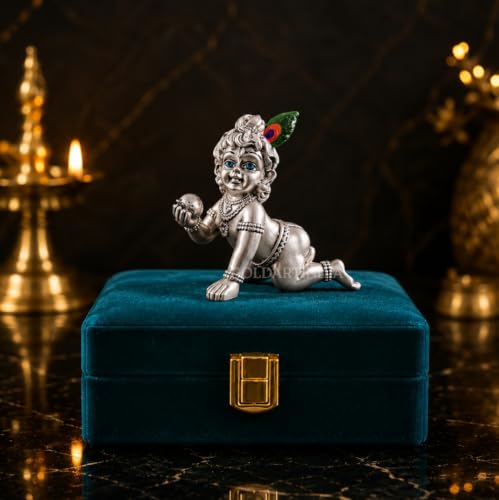Image of Gold Art India 999 Silver Plated Bal Krishna Idol (3.3 Inch) | Antique Matte Laddu Gopal Murti | Premium Peacock Green Velvet Gift Box | Krishna Idol for Home Temple, Office Decor & Spiritual Gifting