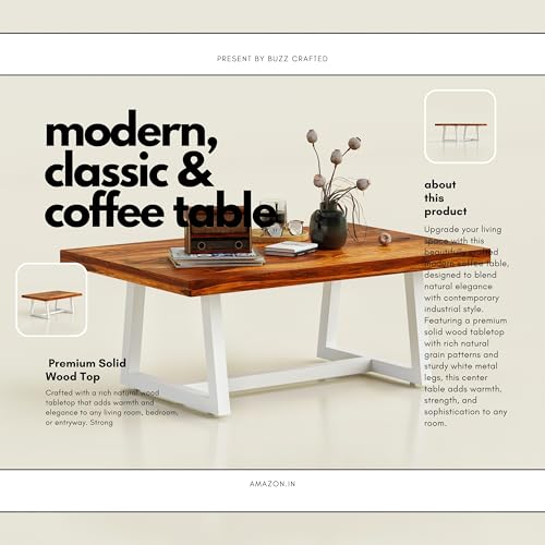 Image of Centre tabel /Tea Table Solid Wood Coffee Table for Living Room Wooden with White Metal Frame - Modern Rosewood and Teak, Coffee Table for Living Rooms bedrooms, & Apartments
