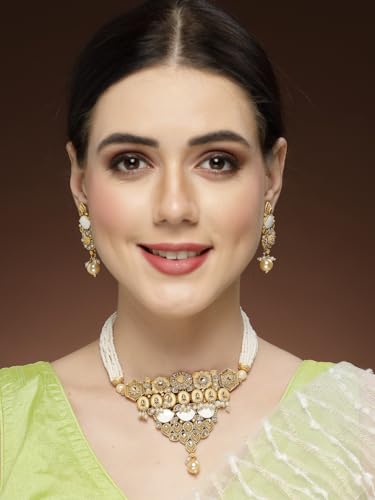 Image of Adiva Stylish Traditional Gold-Plated Kundan Stone Pearls & Beads Meenakari Handcrafted Necklace with Earrings Jewellery Set for Women & Girls