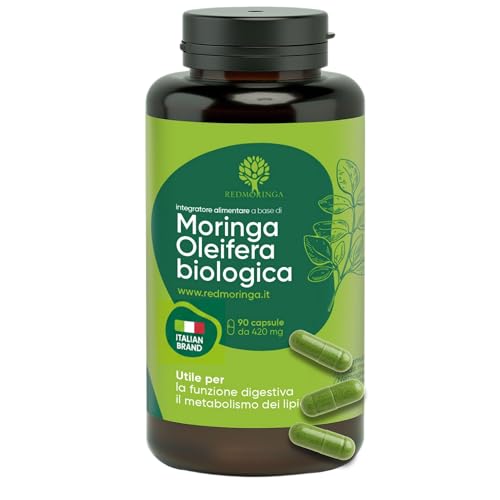 RedMoringa Integratore Moringa Oleifera Biologica - 100% Naturale | Moringa in Capsule Vegetali | per Digestione e Pancia Piatta | Fonte di Vitamine, Minerali e Proteine - 90 Capsule - Made in Italy