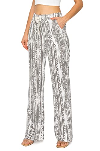 Cali1850 Women's Casual Linen Pants - 32" Inseam Oceanside Drawstring Smocked Waist Lounge Beach Trousers With Pockets 7024Z-Lnn53 Gryazt S #TOP1