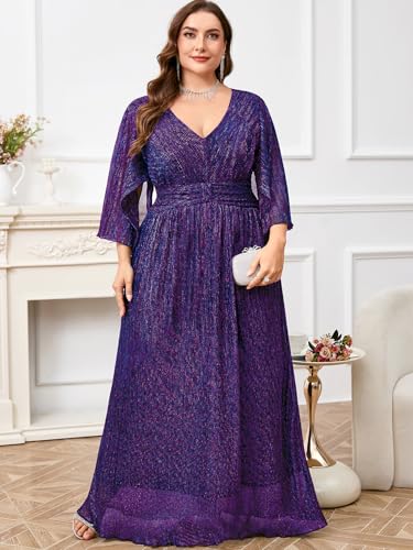 Plus Size Formal Dress Maxi Sparkly V Neck A-line Handkerchief Sleeve Evening Gown Wedding Guest Cocktail Gala3