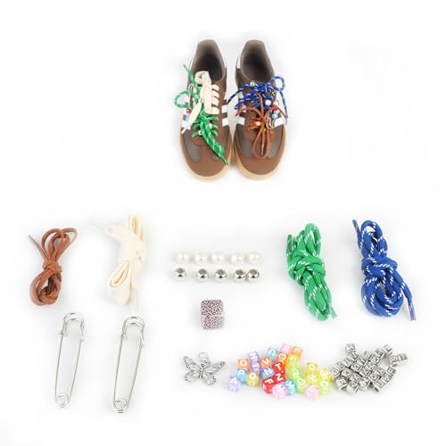 Retro-Inspired Sneaker Charms 60Pcs- Leather & Round Striped Shoelaces, Shoelace Charms & Shoe Accessories, DIY Sneaker Decorations (MIU Style, IT Girl Look)