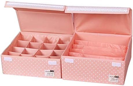 HOMESGU Foldable Washable Adjustable Storage Box Bra Underwear Socks Ties Closet Organizer Drawer Divider Kit with Dust-Proof lids 2 Pcs/Set (Set(Bra Box+16-Grid), Dot Pink)