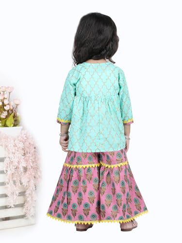 Image of BownBee Girls Cotton Kurti and Sharara Suit Set Round Neck, Angrakha Traditional Ethnic Dress, Front Open Kurta For Girl Kids, Suitable for All Festivals & Casual Wear