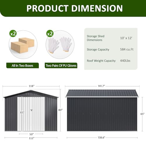 Image of DAUSOLA 10x12 FT Outdoor Storage Shed, Metal Garden Tool Shed with Updated Frame Structure and Lockable Doors, Ideal for Backyard Garden Patio Lawn, Grey