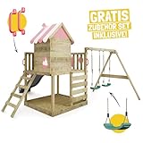 WICKEY Spielturm Klettergerüst Smart Candy mit Schaukel & Rutsche, Baumhaus mit Sandkasten, Kletterleiter & Spiel-Zubehör (Pastellpink) - 2