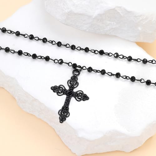 Gothic Bead Cross Necklace Layered Cross Choker Necklaces for Women Goth Cross Necklace Gothic Necklace Punk Black Cross Pendant Necklace Halloween Christmas New Year Goth Jewelry Gift for Women3