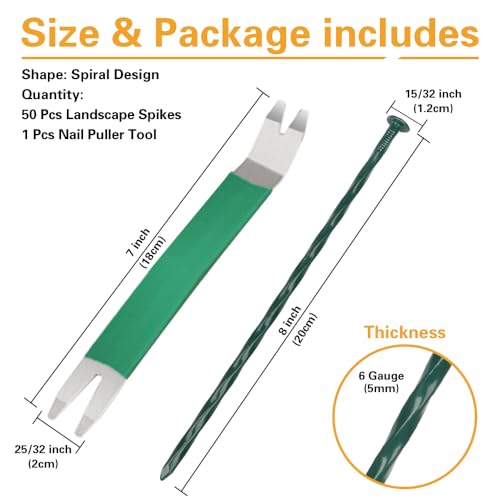 Bakulyor 50 Pack Metal Landscape Stakes, 8 Inch Artificial Grass Nails, 6 Gauge Large Landscaping Staples, Green Edging Anchor Stake for Garden Ground Lawn Paver Timber Border Weed Barrier Spikes 8" by Bakulyor - Used condition - Image 2
