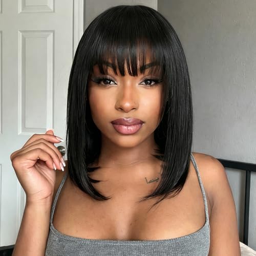 Xinjiju Bob Wig with Bangs Human Hair Short Glueless Black