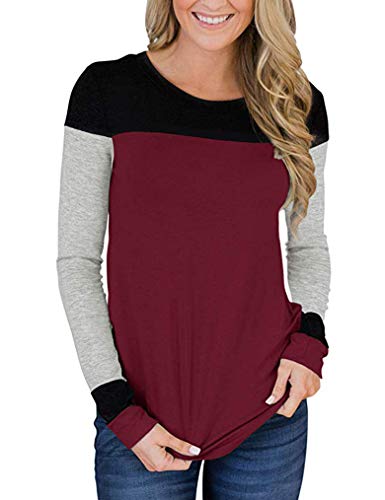 Túnica feminina casual de manga comprida com retalhos coloridos da Tobrief P-GGG, 01 Dark Red, Mediu