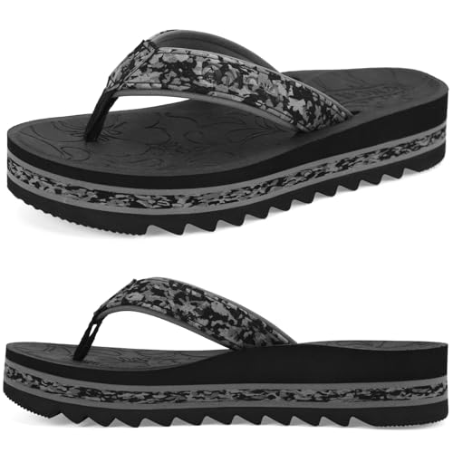 ONCAI Flip Flops for Women 2026, Fashion Printed Platform Sandals Woman with Arch Support Yoga Mat Cushion, Lightweight Summer Beach Outdoor Chunky Non-Slip Rubber Soles Black US Size 8