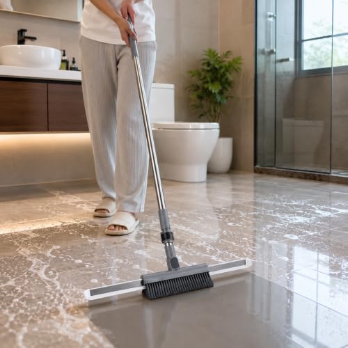Image of Vasukie 2-in-1 Floor Scrub Brush, Adjustable Stainless Steel Long Handle, Broom for Floor Cleaning, Wet /Dry Multi-Surface Wiper for Bathroom, Glass, Pet Hair, and Concrete (Grey)