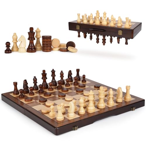 2 in 1 Magnetic Chess Set and Checkers Board Game Set 15\" Wooden Folding Chess Board with 2 Extra Queens Travel Chess Sets Family Board Game Gift for Kids, Adults Portable Elegant Classic Chess Game