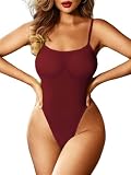 Kaei&Shi Mesh Bodysuit For Women,Spaghetti Strap Backless High Cut Sexy Body Suit,One Piece Sheer Top Rave Outfits Club Date,Burgundy,Small