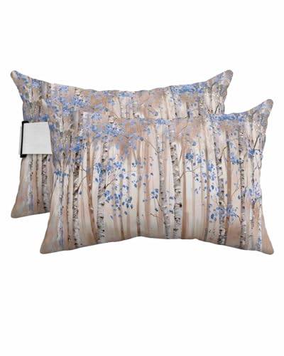 Outdoor Pillows Covers with Inserts Blue Leaves Impressionist Forest Oil Painting Art Waterproof Pillow with Adjustable Strap Throw Pillows for Patio Furniture Pool Lounge Chair, 12x20 Inch, 2PCS