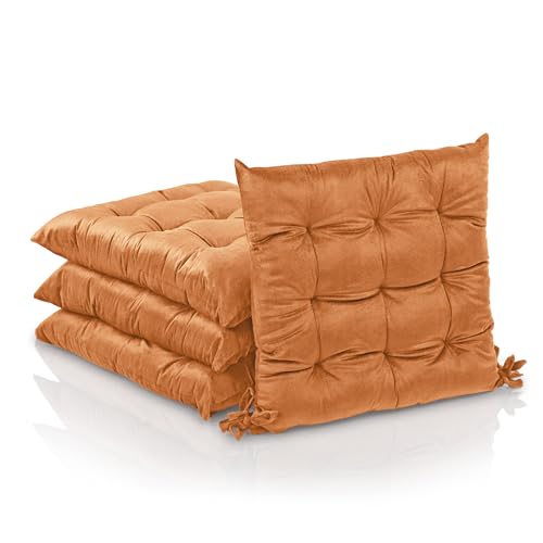 Image of Kuber Industries 4 Pcs Heavy Velvet 16 Inch Chair Pad Cushion with Drawstrings for Dining, Office & Home | Soft Seat Pad | Support for Long Sitting | Golden