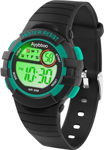Ayybboo Kinderuhr Digital für Jungen Mädchen ab 4-15 Jahre,3 ATM Wasserdicht Armbanduhr Kinder mit 7-Farben LED,Digitaluhr Kinder mit Wecker,Stoppuhr,12/24H