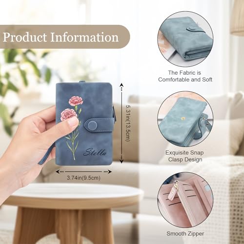Image of Custom Wallet for Women Personalized Birth Flower & Name Purse Soft Leather Bifold Clutch with Strap Customized Gift for Mom Girlfriend