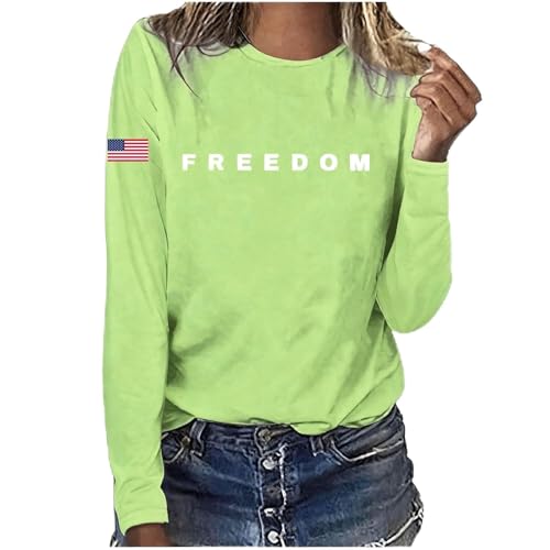 Womens Freedom Shirt American Flag Printed Commemorative Shirts Patriotic Novelty T Shirts Crewneck Long Sleeve Tops Green Large