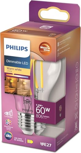 Lampe Philips LED Classic E27 WarmGlow, 60 W, en forme de goutte, à intensité variable, claire, blanc chaud