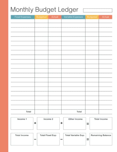 Monthly Budget Ledger: Keep Track Of Fixed Expenses, Variable Expenses, Incomes, And Remaining Balance image 2