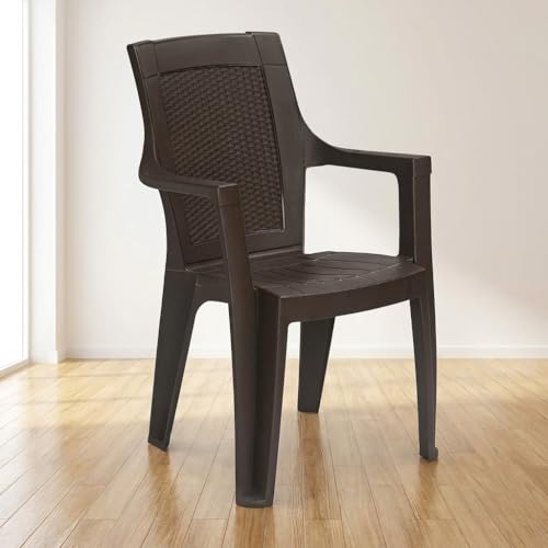 Image of INNOWIN Sweden Plastic Chair with Armrest | Strong & Durable | Modern Woven Back Design | Indoor Outdoor Use | Living Room, Balcony, Garden Seating | Rust Brown Color | 3 Year Warranty
