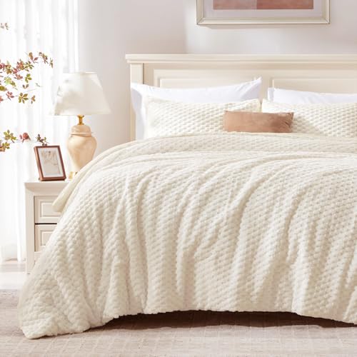 BEDELITE Fluffy Queen Comforter Set - Beige Fleece Soft Comforter for Queen Size Bed, Luxury Warm Bedding Set for Winter, Fuzzy Bed Set 3 Pieces (1 Comforter, 2 Pillowcases)