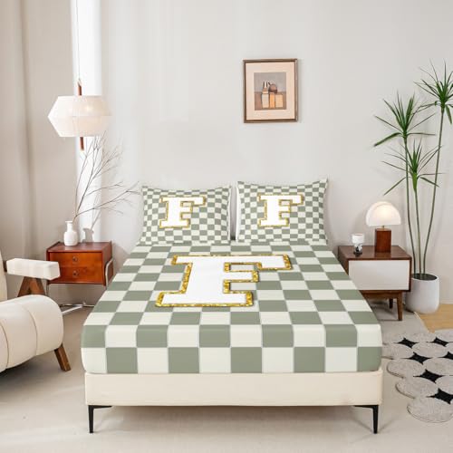 Image of Erosebridal Sage Green Checkered Bedding Set Full Plaid Initial F Bed Sheets Personalized Monogram Sheet Set Kids Boys Girls,Fashion Grids Gingham Fitted Top Sheets 4 Piece
