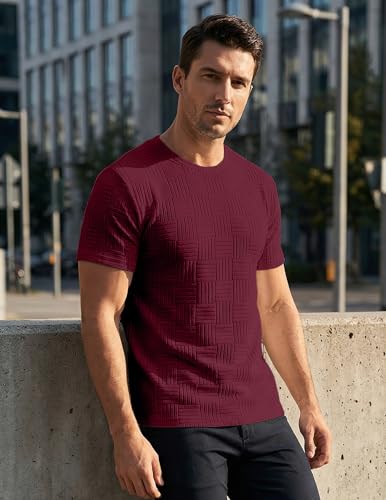 Image of JMIERR Mens T-Shirt Casual Stretch Solid Crewneck Short Sleeve Tees Textured Shirts