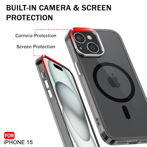 Image of TheGiftKart Hybrid Back Cover Case for iPhone 15 / iPhone 14 Compatible with MagSafe | Built-in Stand | Shockproof Hard Back Case Cover for iPhone 15 / iPhone 14 (PC & TPU, Clear Back, Black Sides)