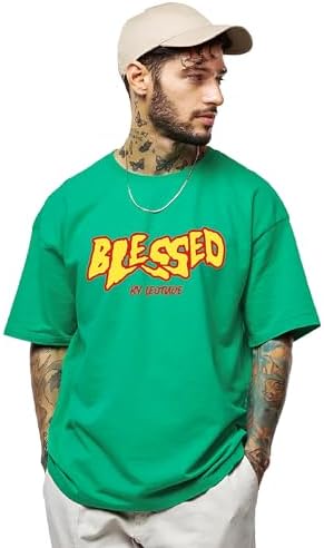 LEOTUDE Men's Cotton Regular Fit Half Sleeve Oversized Tshirt, Round Neck Longline Drop Shoulder | ful Printed T-Shirt