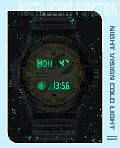 Gosasa Mens Womens Large Dial Transparent Multifunction Digital Watch Casual Dual Display 12H/24H Stopwatch Calendar Unisex Wrist Watch #TOP4