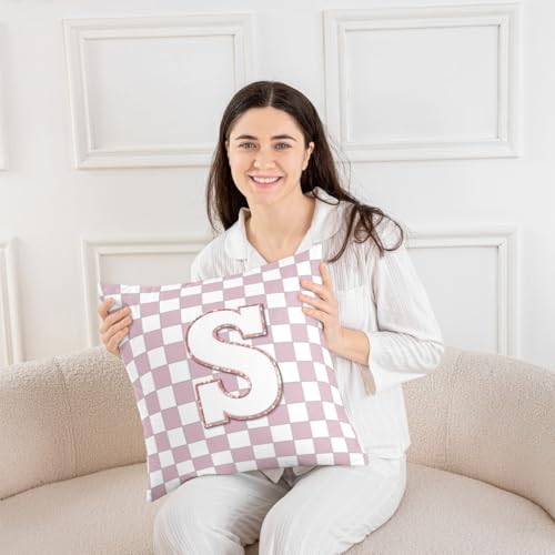 Image of Erosebridal Pink Initial S Throw Pillow Covers 18x18 Set of 2 Kawaii Plaid Checkered Pillow Covers Cute Personalized Monogram Cushion Cover Fashion Grids Gingham Pillow Cases for Couch Sofa