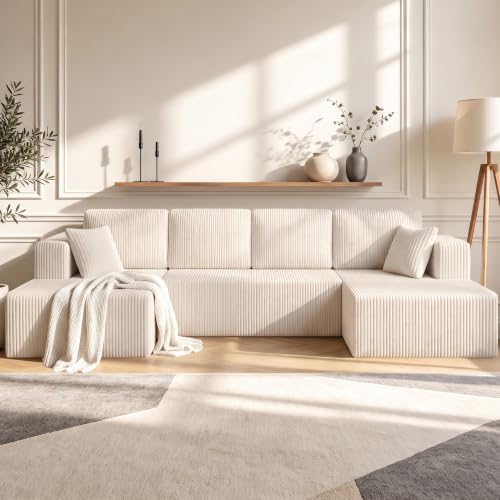 Image of 130 inch Boneless Couch U-Shaped Sectional Sofa, Beige