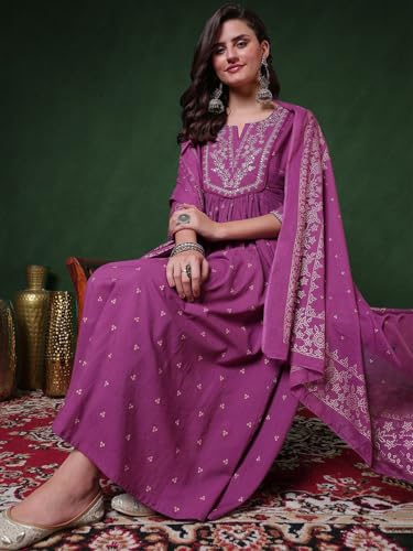 Image of PARTHVI Women's 100% Pure Cotton Anarkali Kurta Set with Pant & Dupatta | Embroidered Flared Kurta | Elegant Ethnic Suit