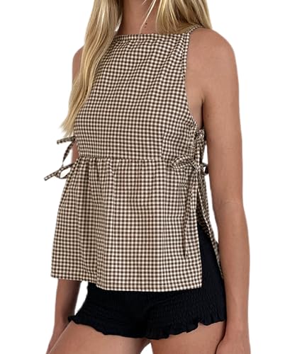 Women Y2k Bow Tie Side Tank Top Sleeveless Lace Up Split Babydoll Top Cute Peplum Vest Going Out Shirts